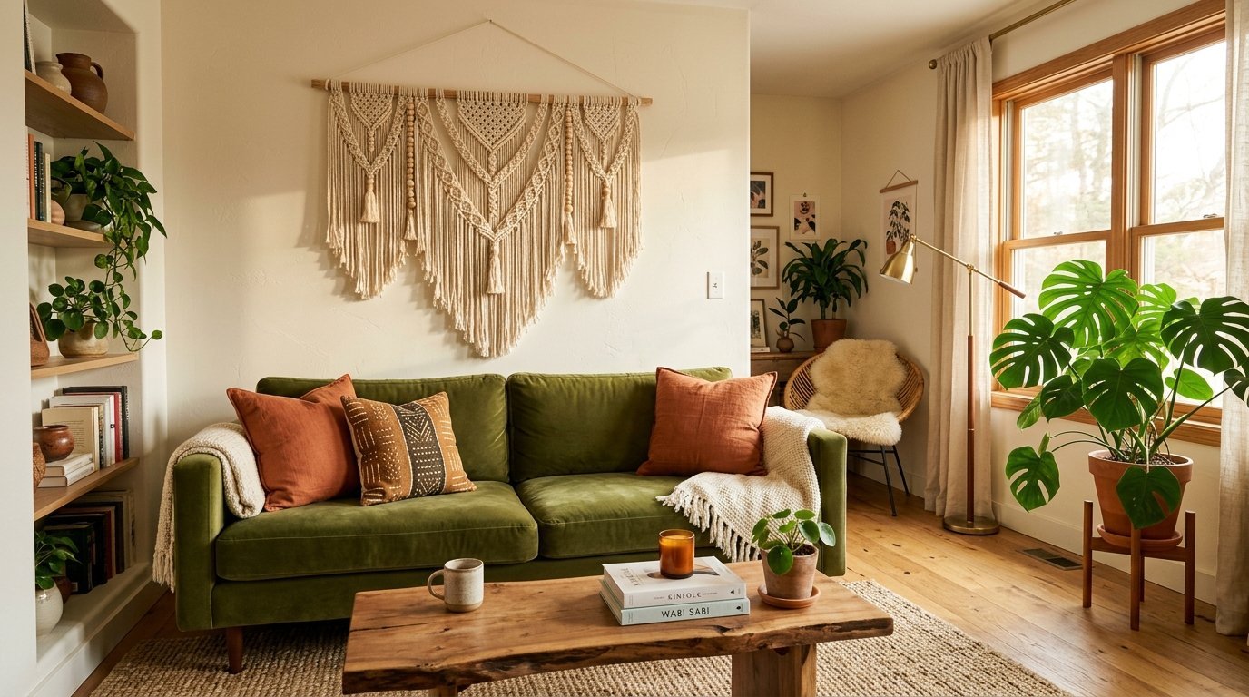 Green velvet sofa with terracotta pillows below a large macrame wall hanging in a sunlit living room.