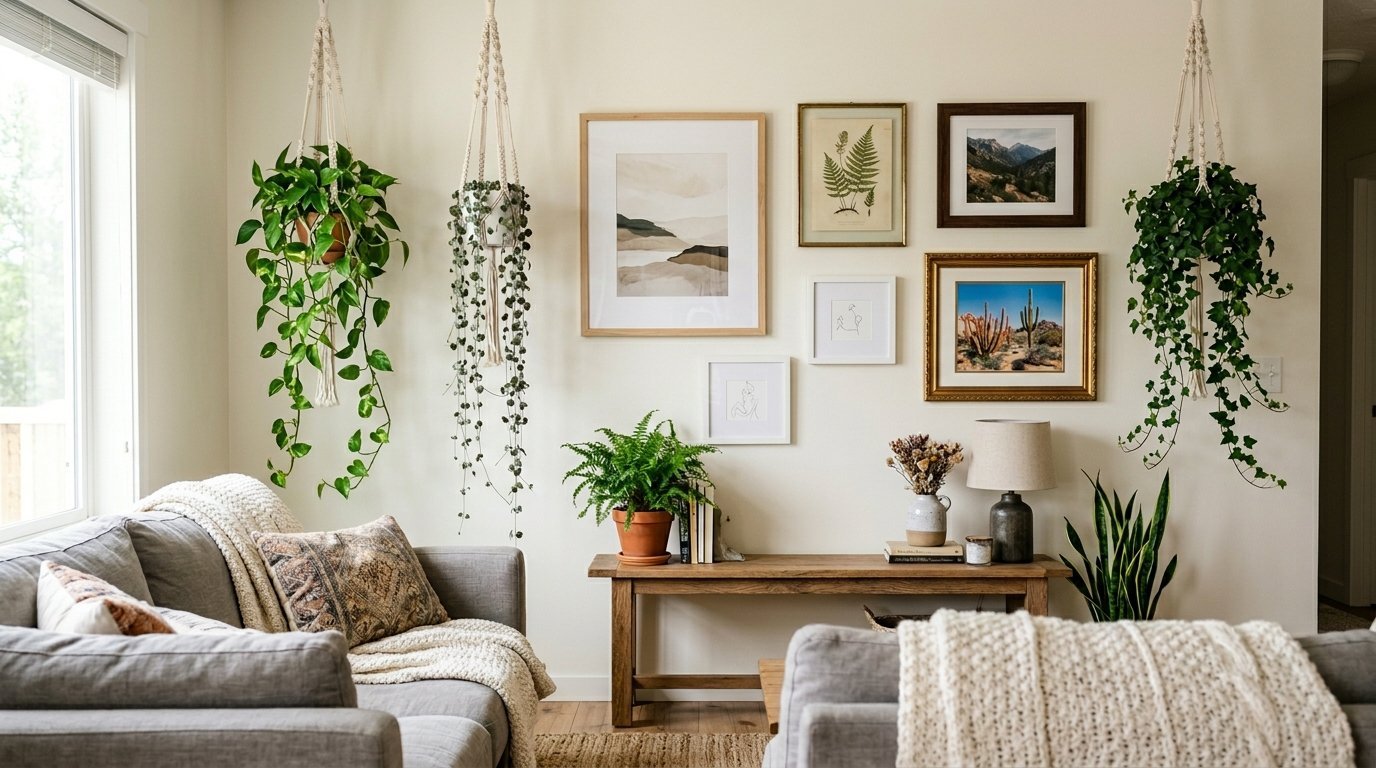 Grey sofa with macrame hanging plants and a wooden console table decorated with art prints and indoor greenery.