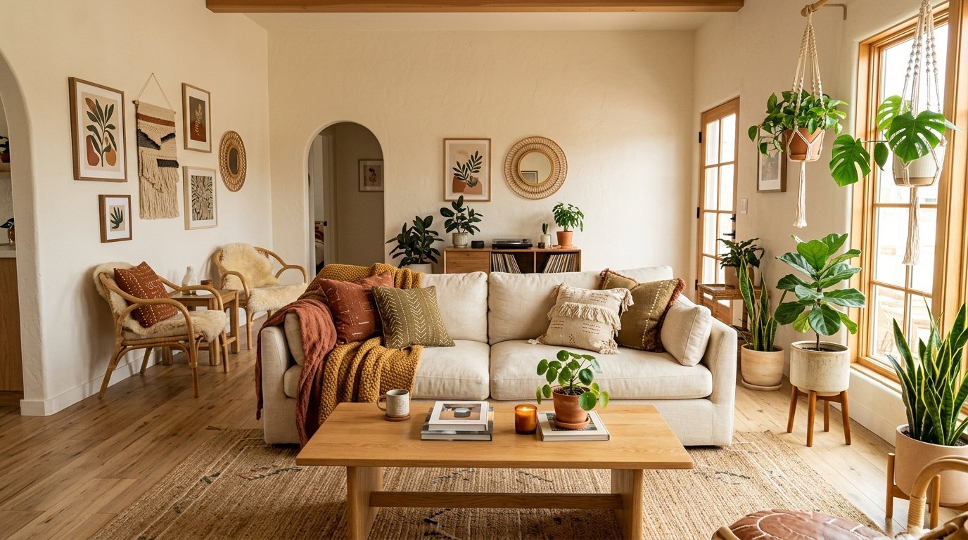 A bright, bohemian-style living room featuring a cream couch, wood coffee table, rattan chairs, and many potted plants.