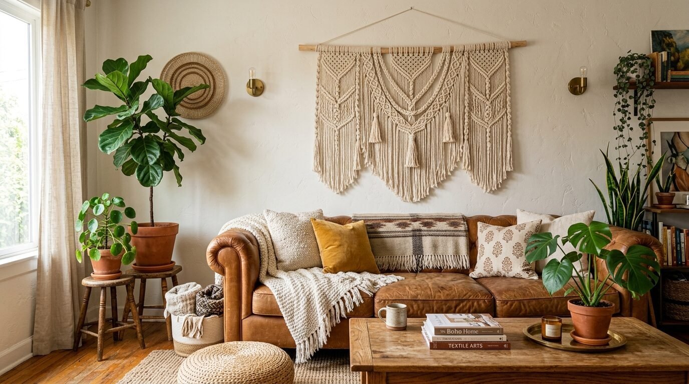A rustic living room featuring a brown leather couch decorated with patterned pillows and a large woven wall art piece.