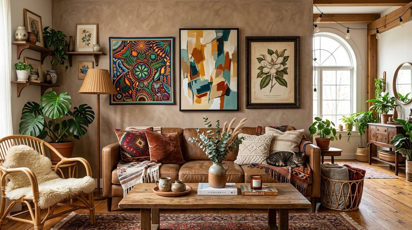 A warm, earthy living room with a brown leather couch, bohemian decor, wall art, and a sleeping tabby cat.