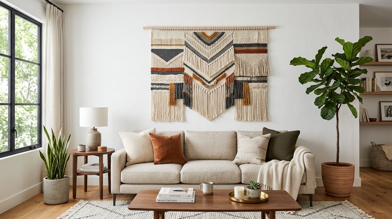 Textured fiber wall art mounted over a cream couch with accent pillows and indoor greenery.