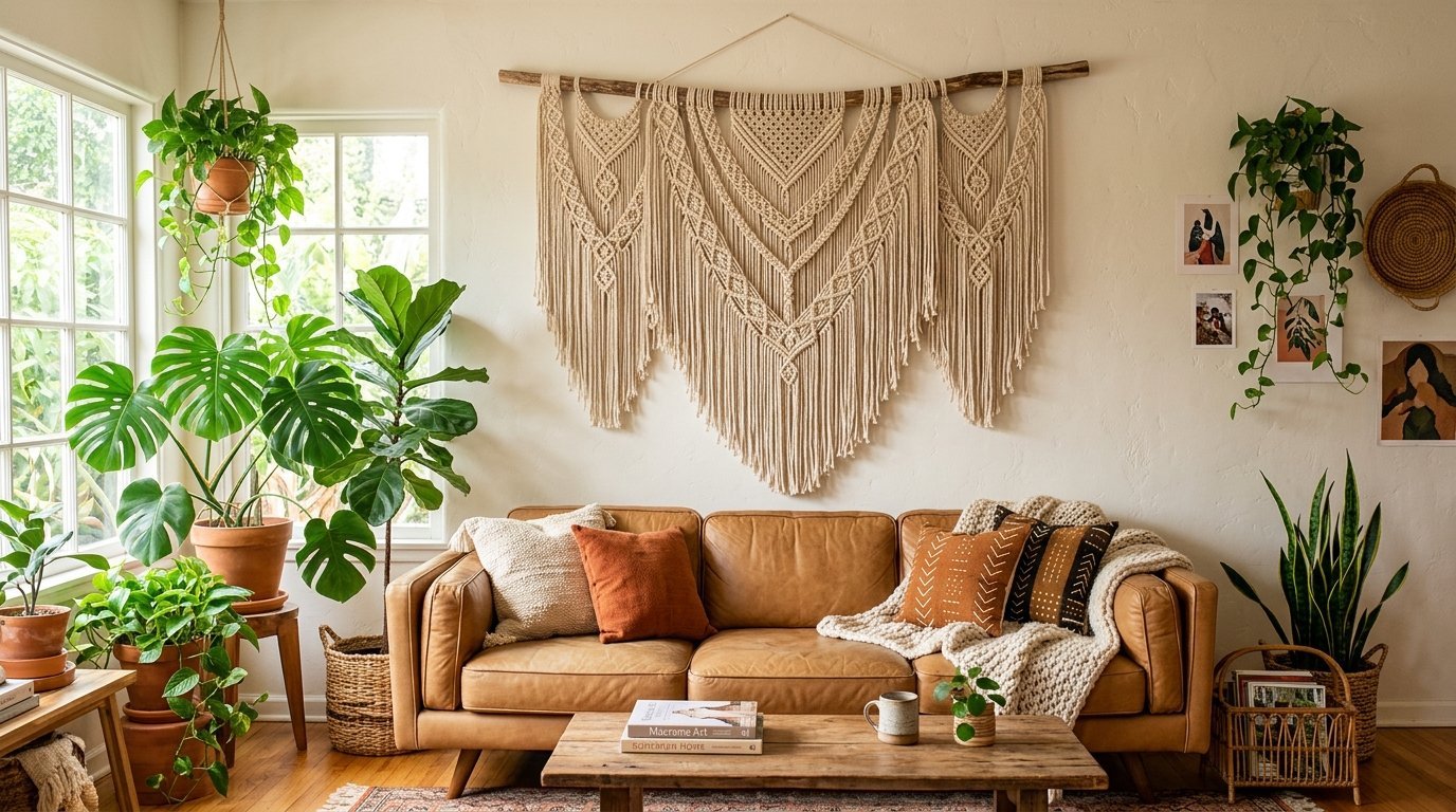 Tan leather sofa decorated with patterned pillows and a throw blanket under a handmade fiber art wall hanging.