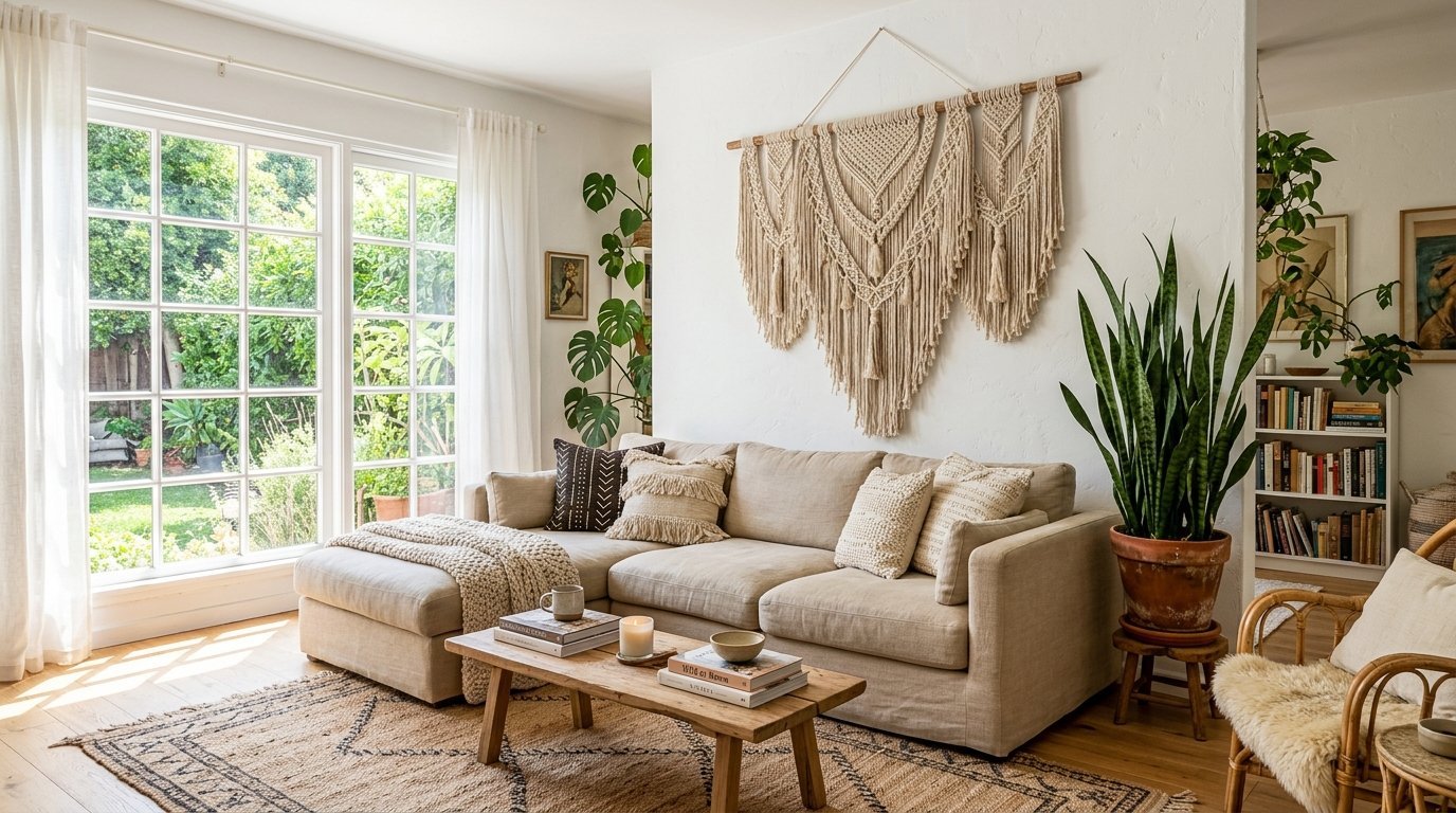 Bright living room with a cream couch, macrame wall hanging, indoor plants, and a wooden coffee table.