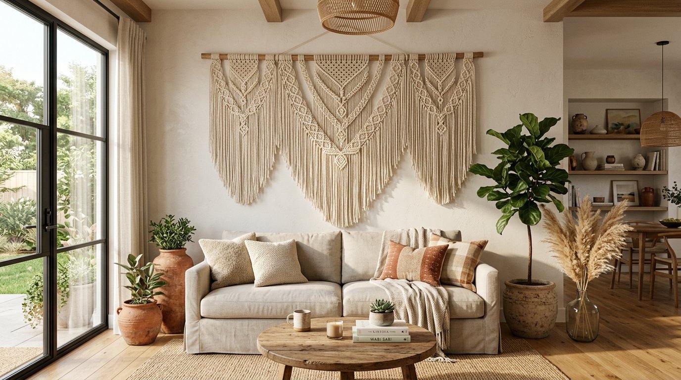 A beige sofa sits beneath an oversized woven macrame tapestry in a sunlit room with natural wooden furniture.