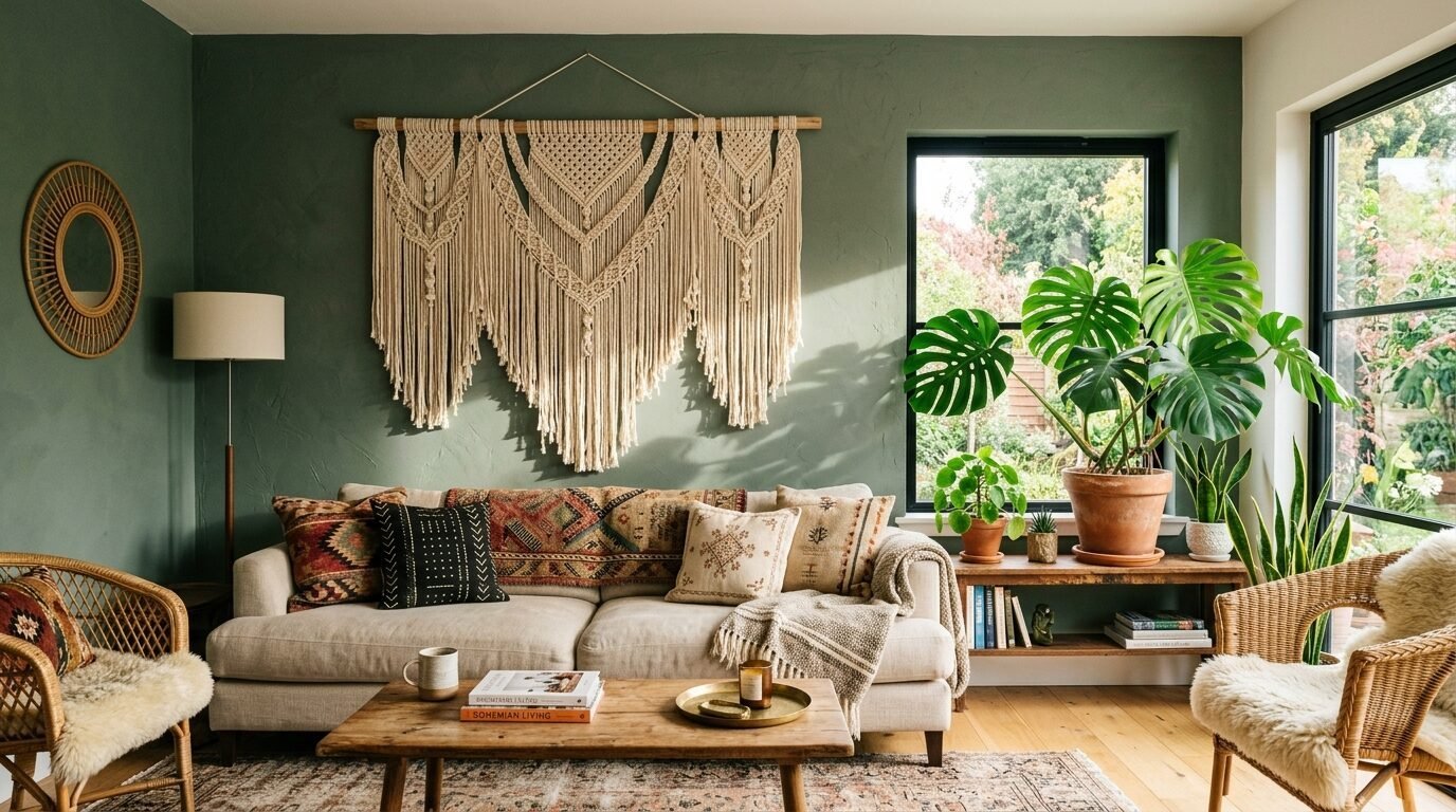 Neutral couch with patterned pillows and large macrame tapestry on a sage green wall next to a monstera plant.
