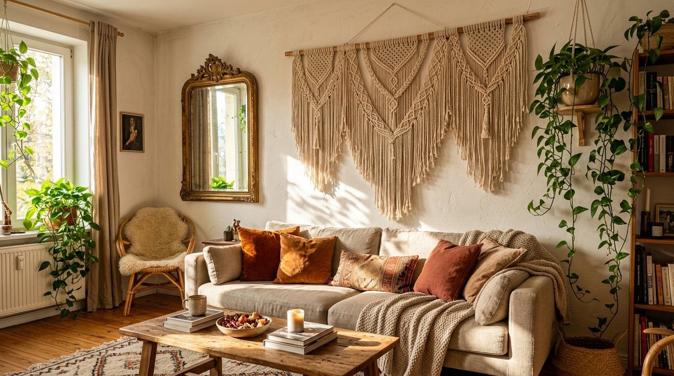 Bright boho interior with a beige sofa, wooden coffee table, large wall macrame, and lush hanging indoor plants.