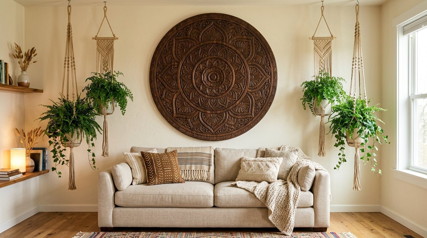 Cream colored sofa centered under a large round wood wall art piece with hanging macrame planters on both sides.