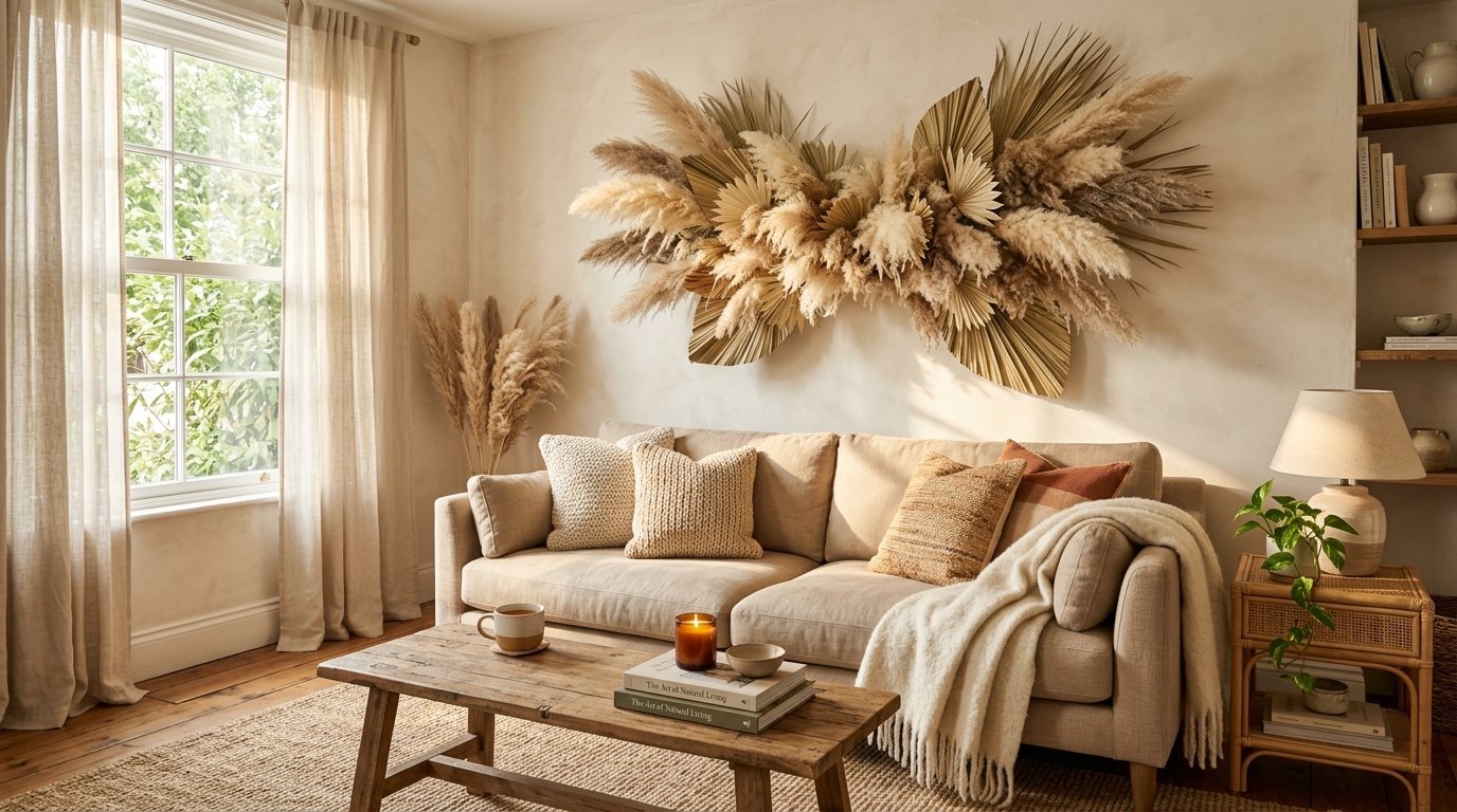 Neutral living room featuring a beige couch and large dried palm and pampas grass wall installation.