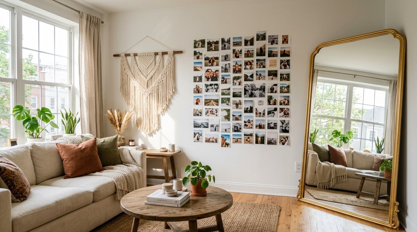 A beige sofa with throw pillows faces a wall covered in a grid of personal photos and a macrame wall hanging.