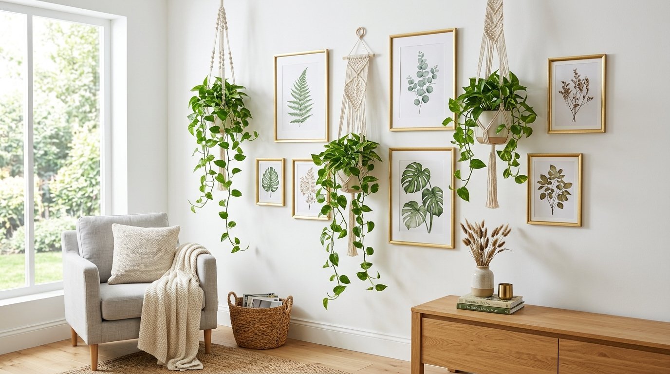Bright living room with a grey armchair, woven basket, and a wall of botanical art and hanging pothos plants.