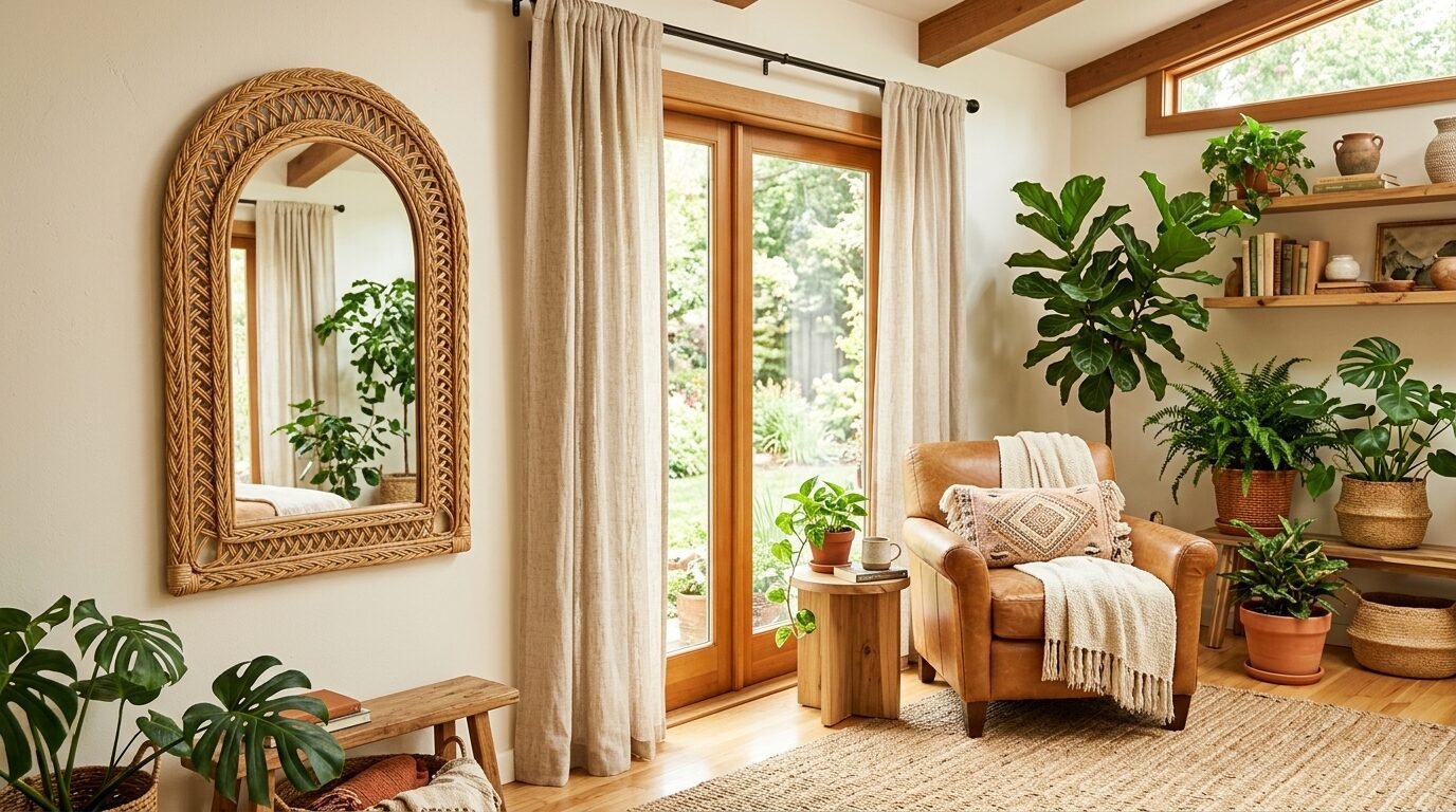 A tan leather chair sits near floor-to-ceiling windows with a woven mirror on the wall and several indoor plants.