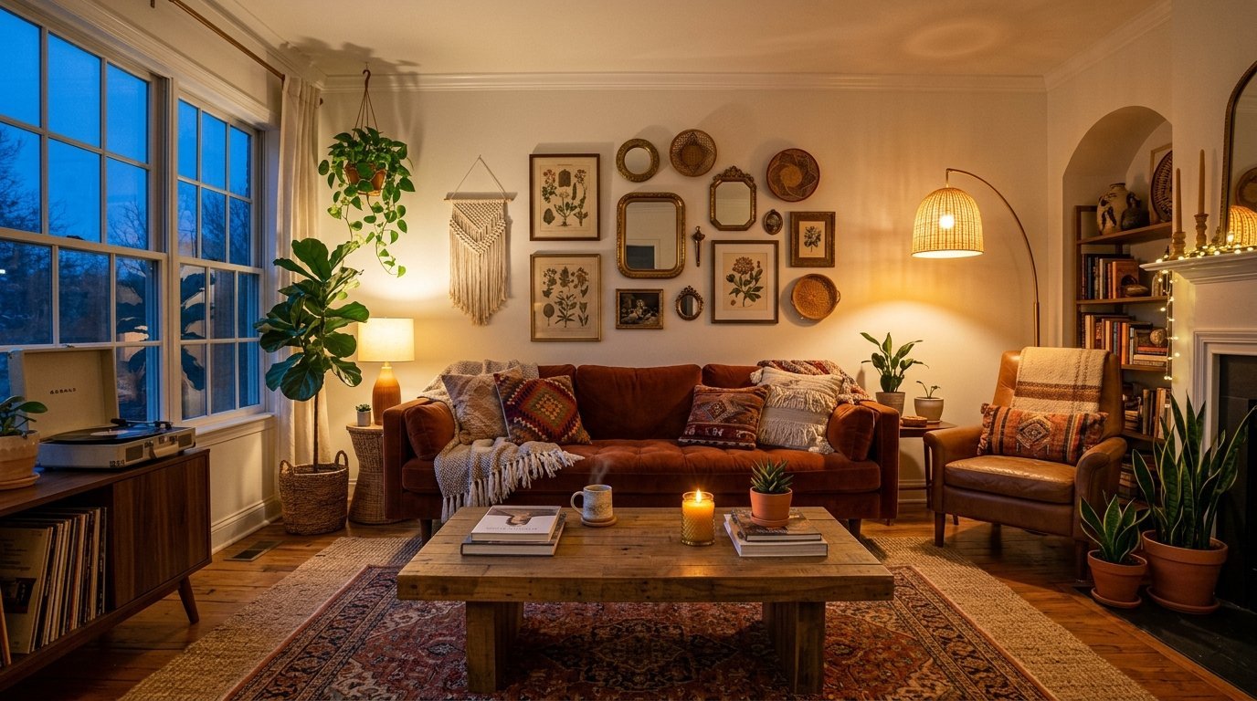 A warm, eclectic living room with a brown velvet sofa, gallery wall, and indoor plants during twilight.