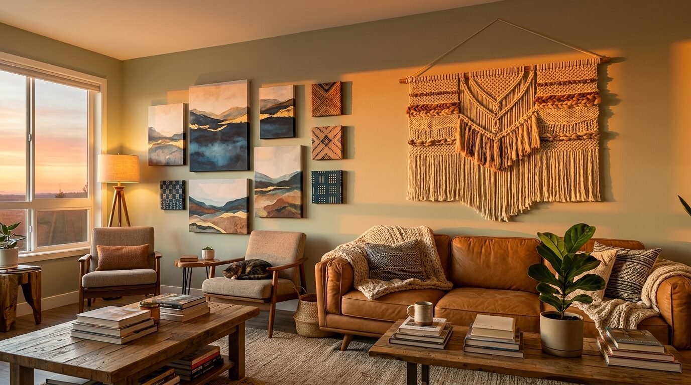 A sunlit living room with a brown leather couch, macrame wall hanging, and a gallery wall of landscape paintings.