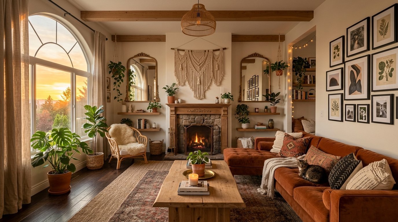 A rustic living room with a stone fireplace, macrame wall art, a velvet sofa, and warm sunset lighting.