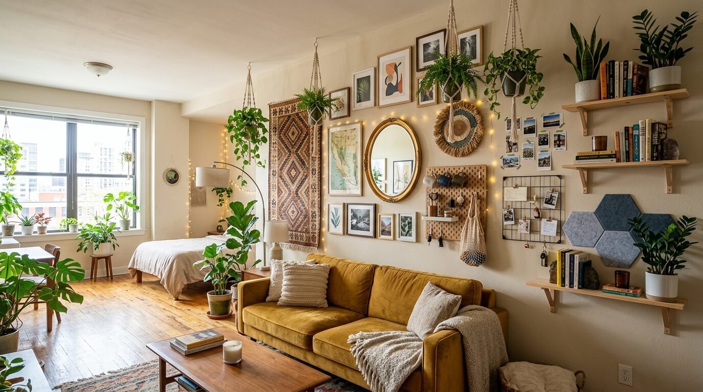Mustard velvet couch in a sunlit apartment with hanging plants, wall decor, and shelves filled with books.