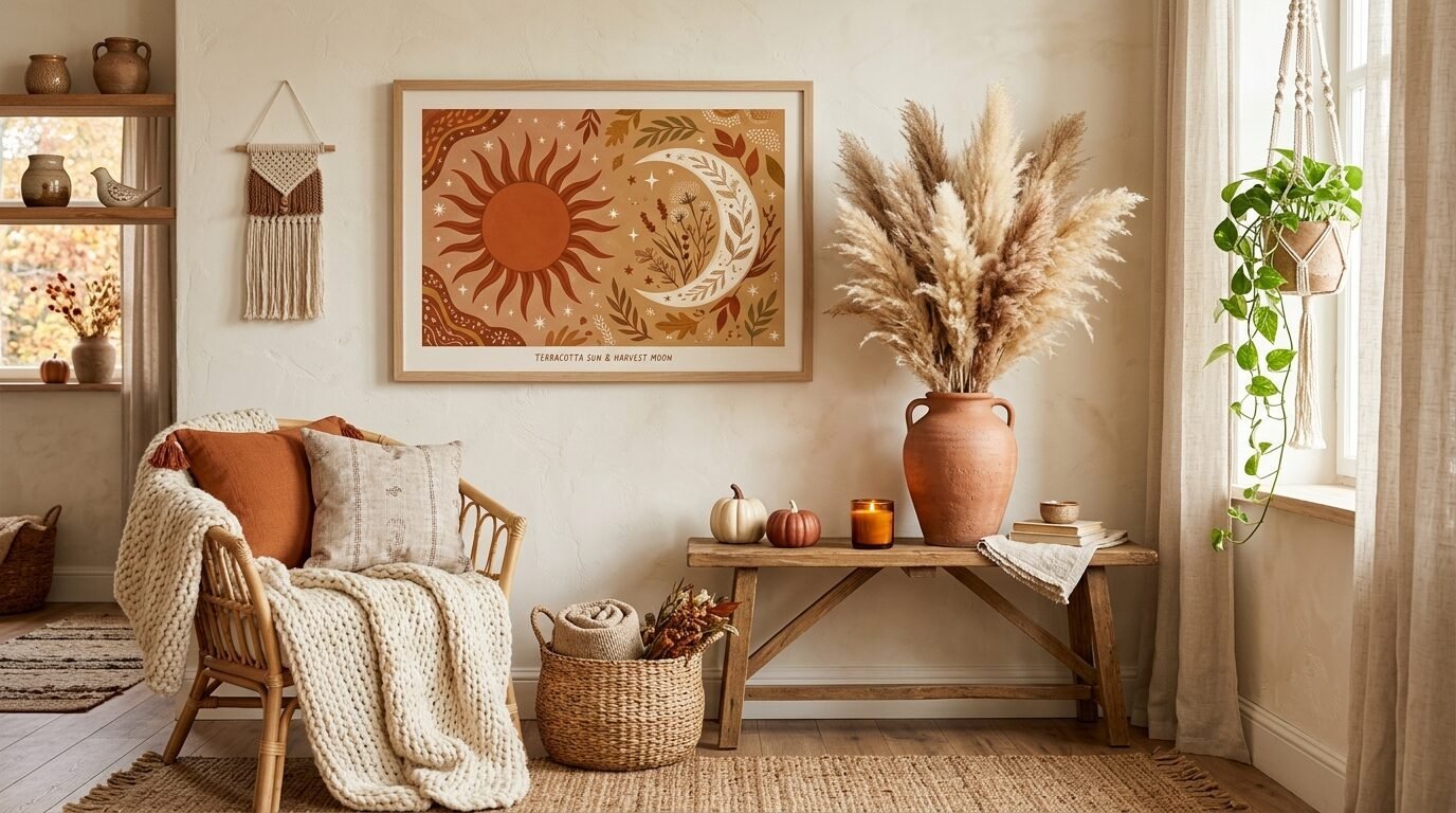 A framed celestial sun and moon print displayed above a wooden bench with pampas grass and a rattan armchair.