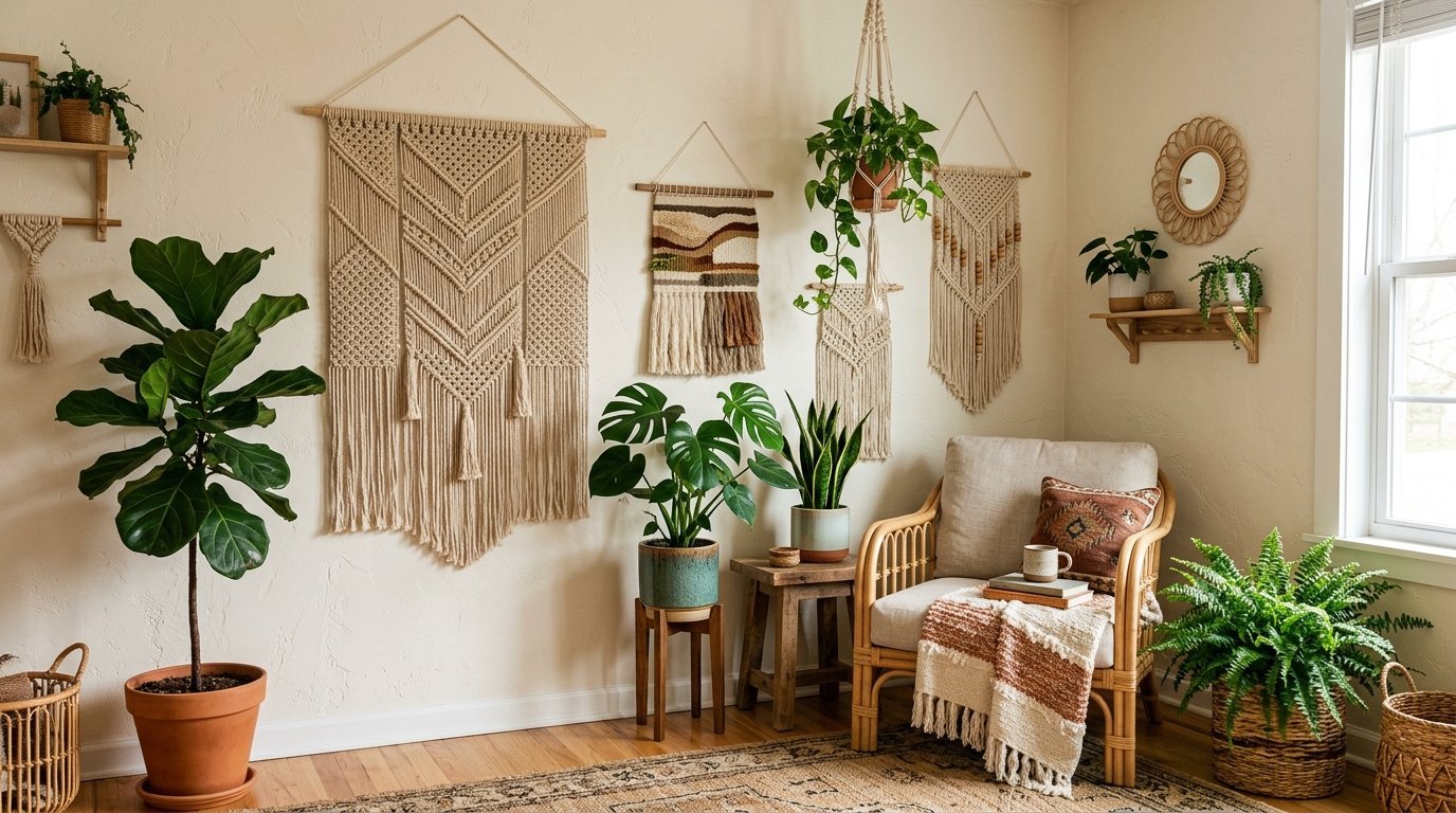 Bohemian style corner with large woven macrame hangings, potted indoor plants, and a comfortable rattan arm chair.