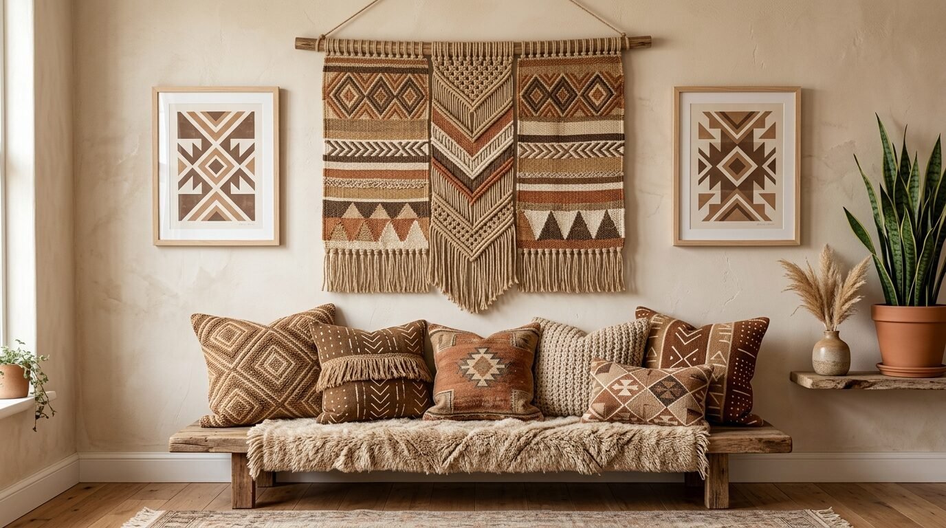 Large woven tapestry with tribal patterns displayed over a bench filled with earth-toned decorative pillows.