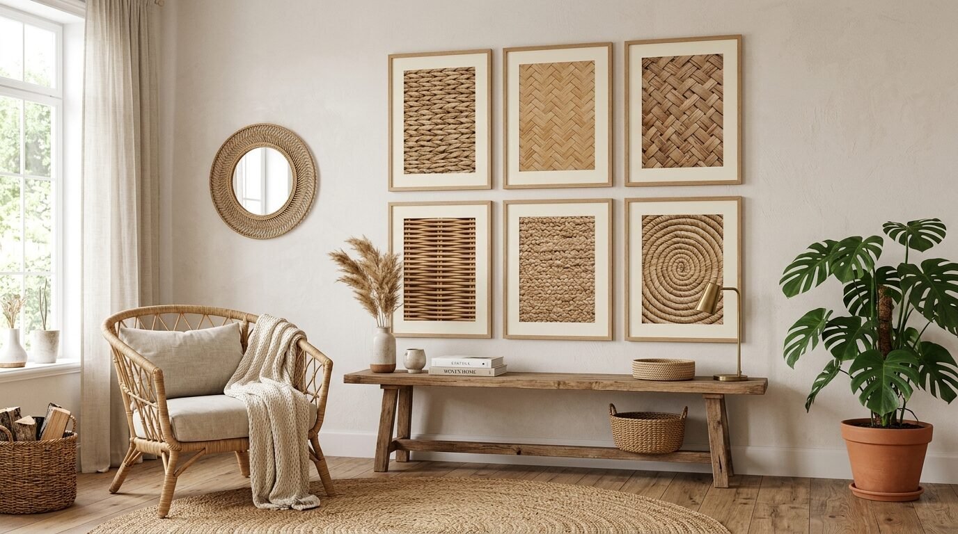 A sunlit room with a rattan chair, wooden bench, and six framed art prints displaying various woven textures.