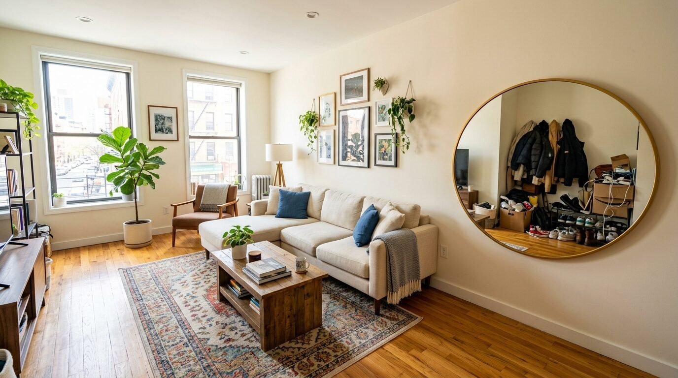A beige sectional sofa sits on a colorful rug in a bright apartment living room with a large gold circular wall mirror.
