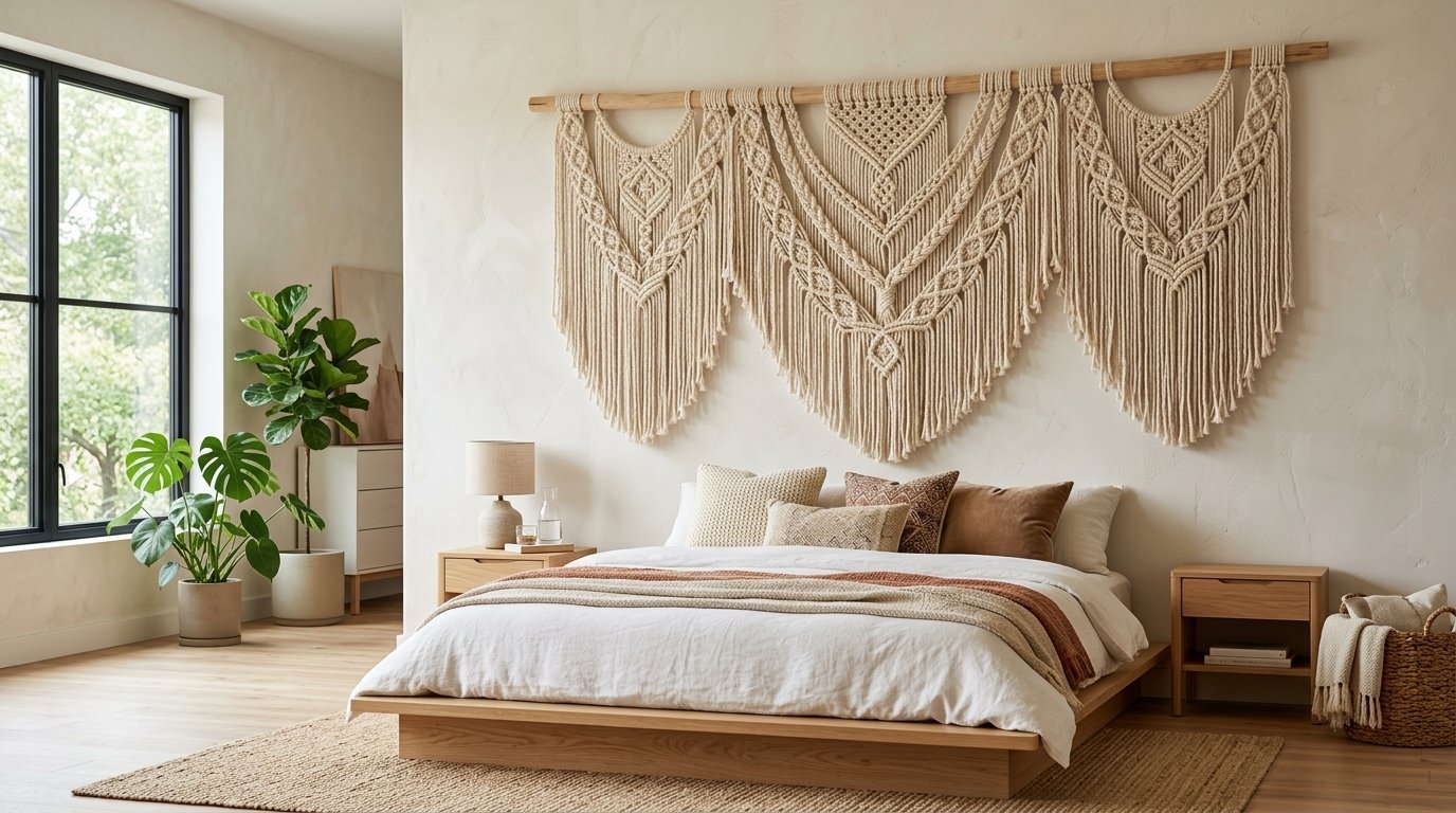 A beige macrame wall hanging with intricate knot patterns hangs above a bed with wood furniture and house plants.