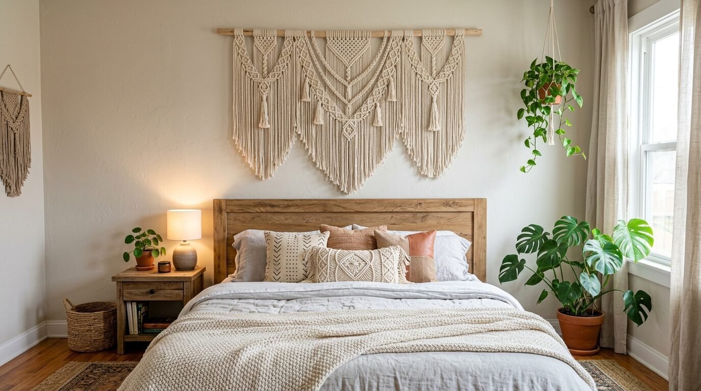 Large woven macrame wall hanging centered above a wooden bed frame in a cozy bedroom with potted plants.