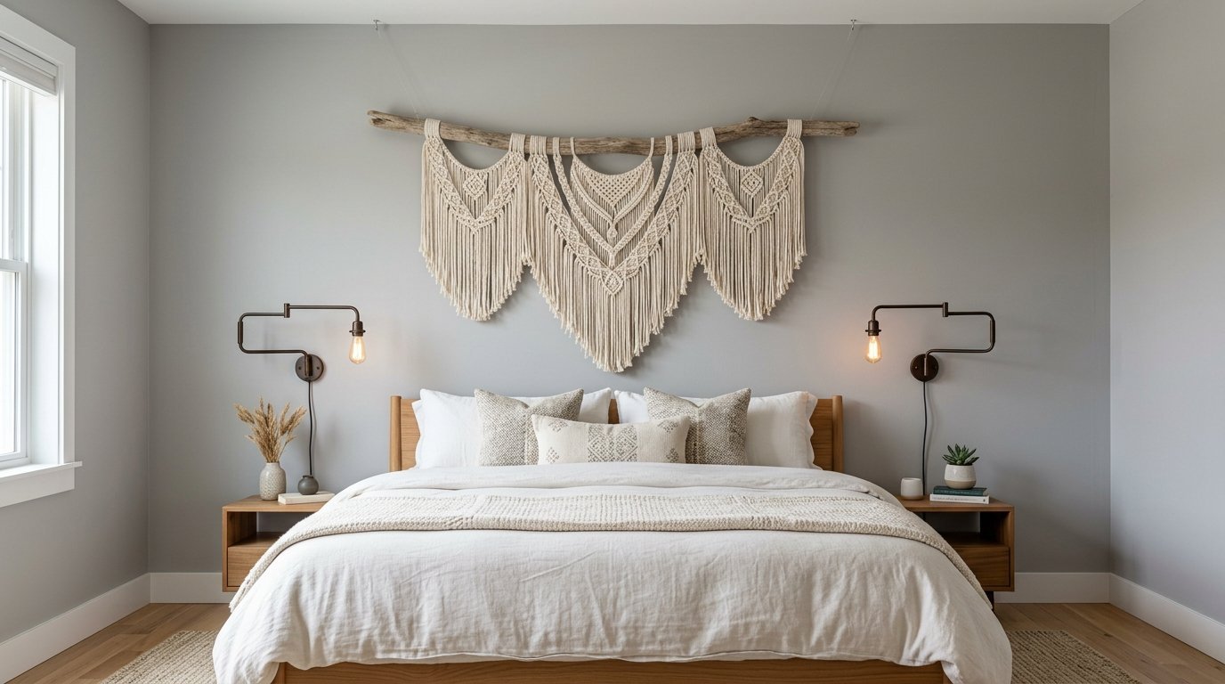 Large woven macrame tapestry hanging on a grey bedroom wall above a wooden bed frame with warm wall sconces.