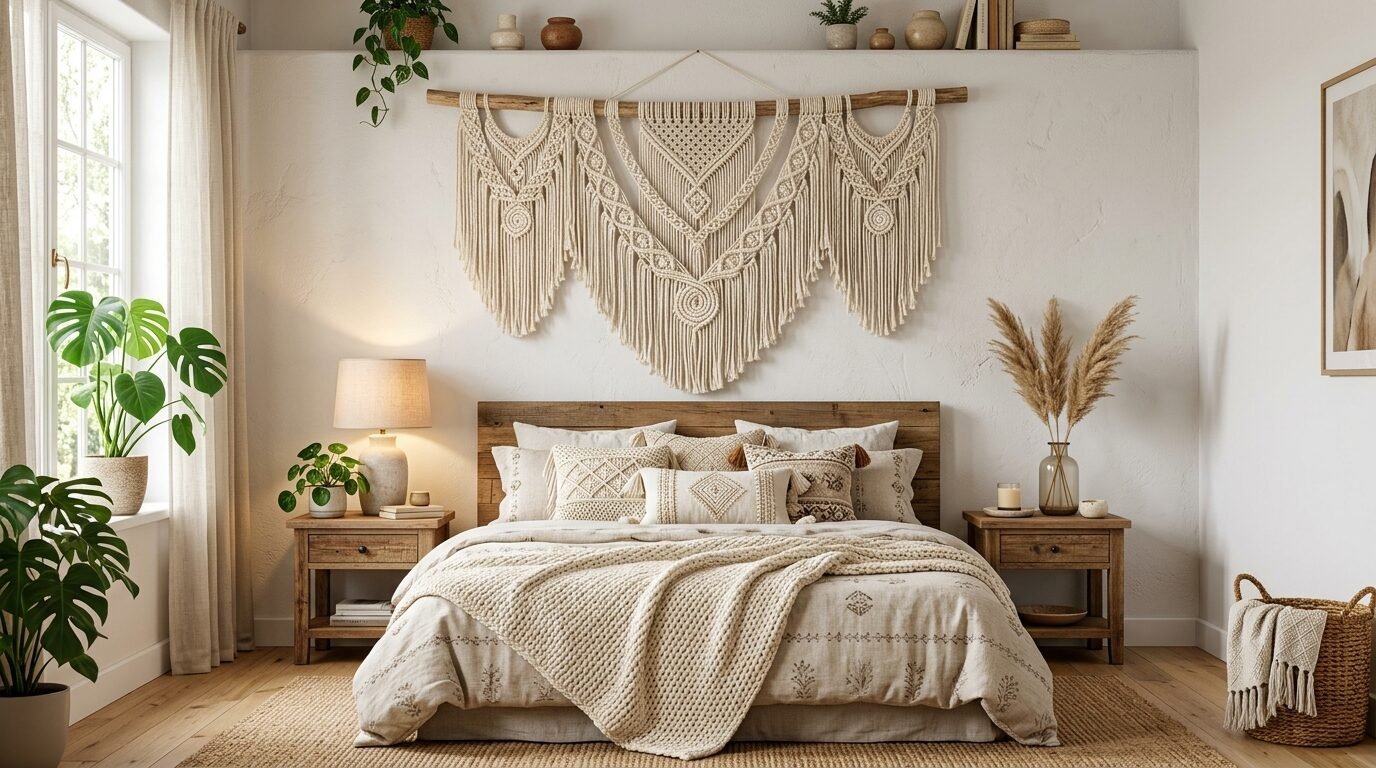 Neutral bedroom with a large cream-colored macrame tapestry hanging over a wooden bed frame.