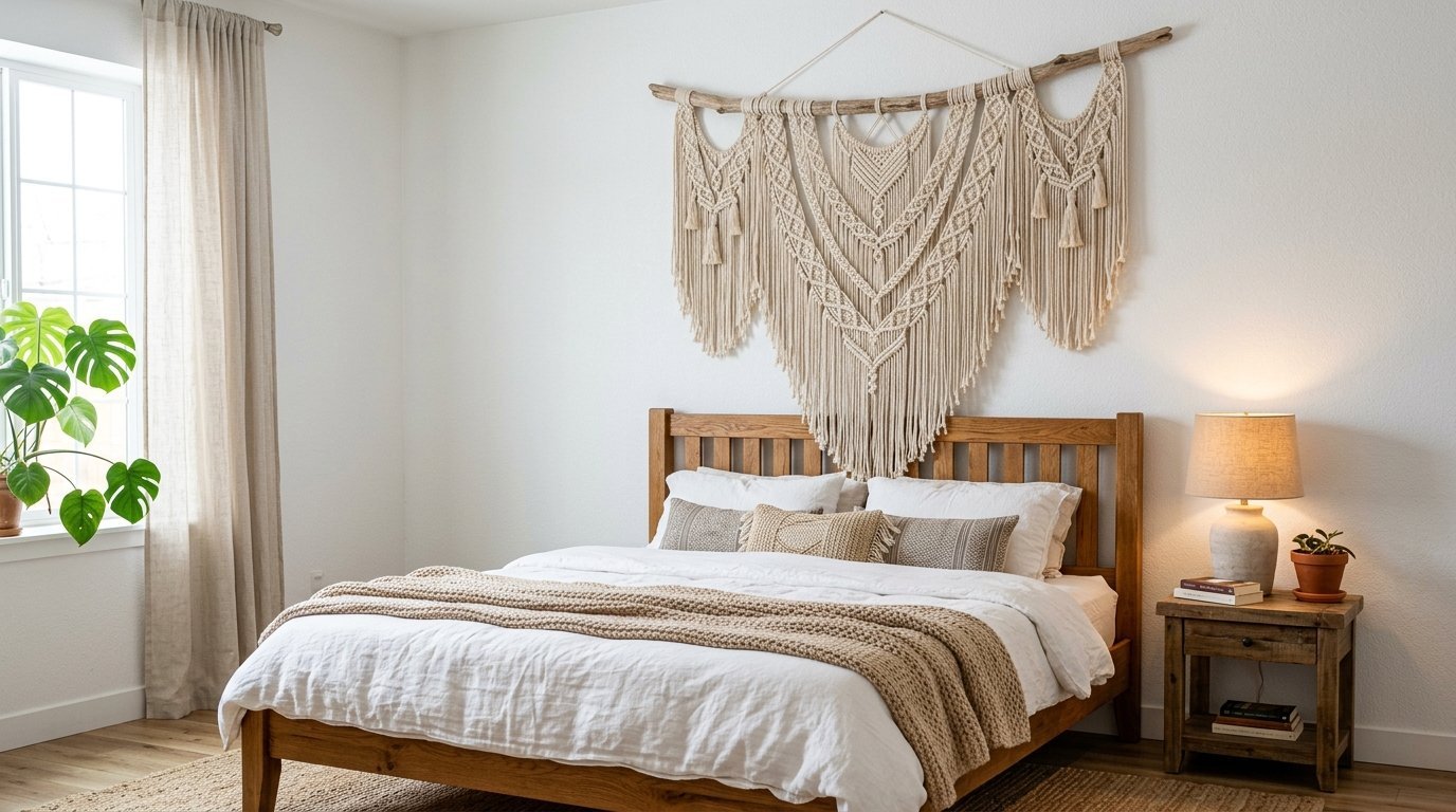 A beige cotton macrame wall hanging with tassels centered over a wooden bed with white bedding and a knitted throw.