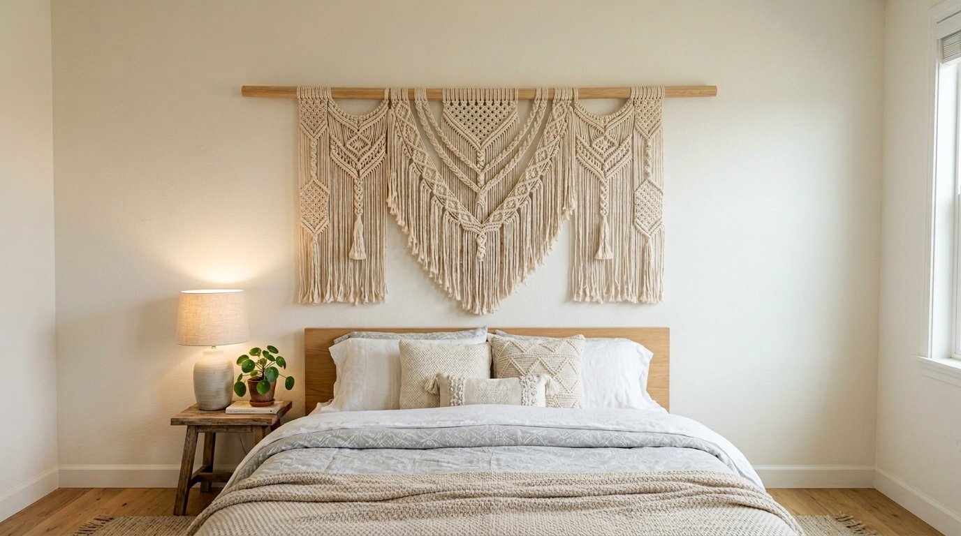 Large woven macrame tapestry hanging on a wooden rod above a neutral modern bed.