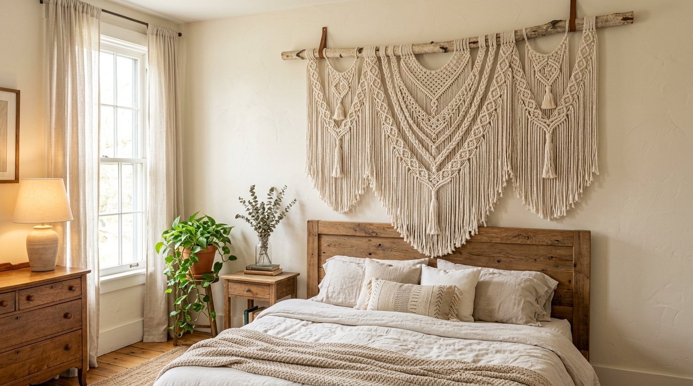 Intricate off-white macrame fiber art hanging above a rustic wooden headboard in a bright bedroom.