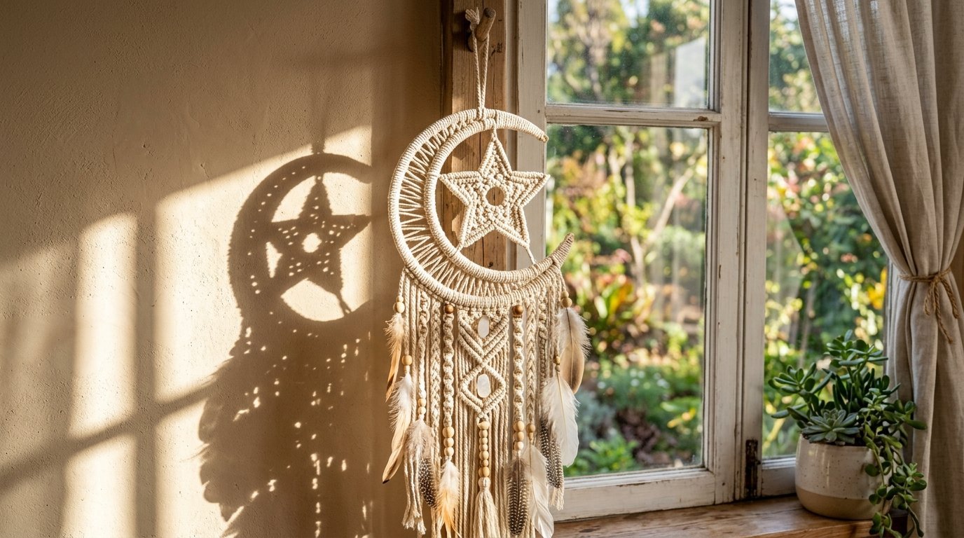 A beige woven macrame wall decoration in the shape of a moon and star hanging on a wall next to a sunlit window.