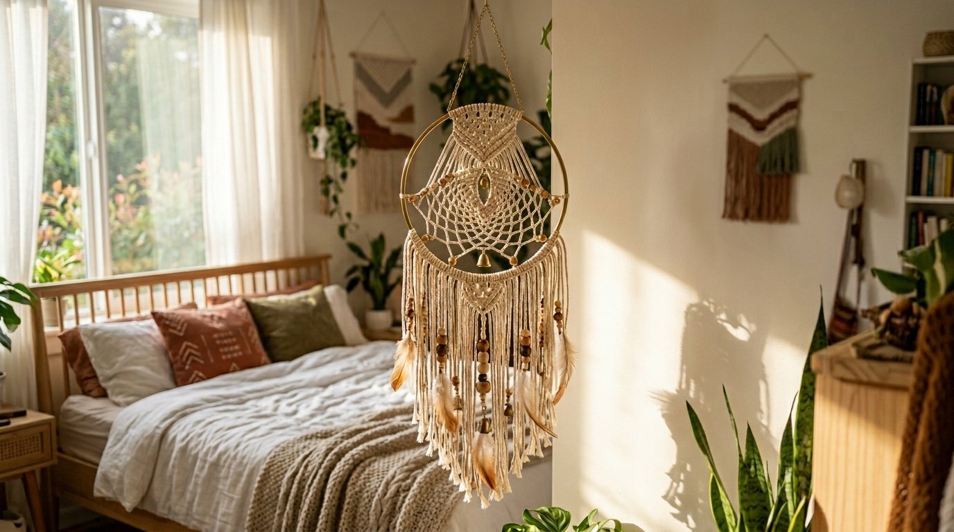 A decorative bohemian macrame dream catcher with feathers and beads hanging in a sunny, plant-filled bedroom.