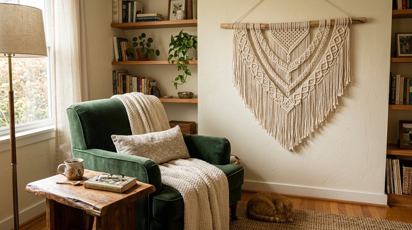 Green velvet chair with knit throw beside a wooden table and large macrame tapestry on a neutral wall.