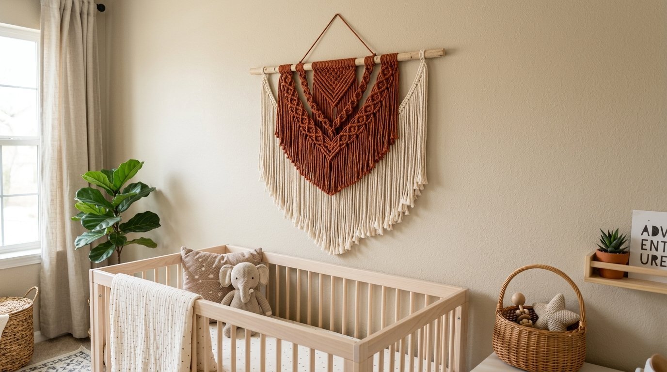 A decorative fiber wall hanging with geometric patterns hanging over a wooden baby cradle in a neutral bedroom.