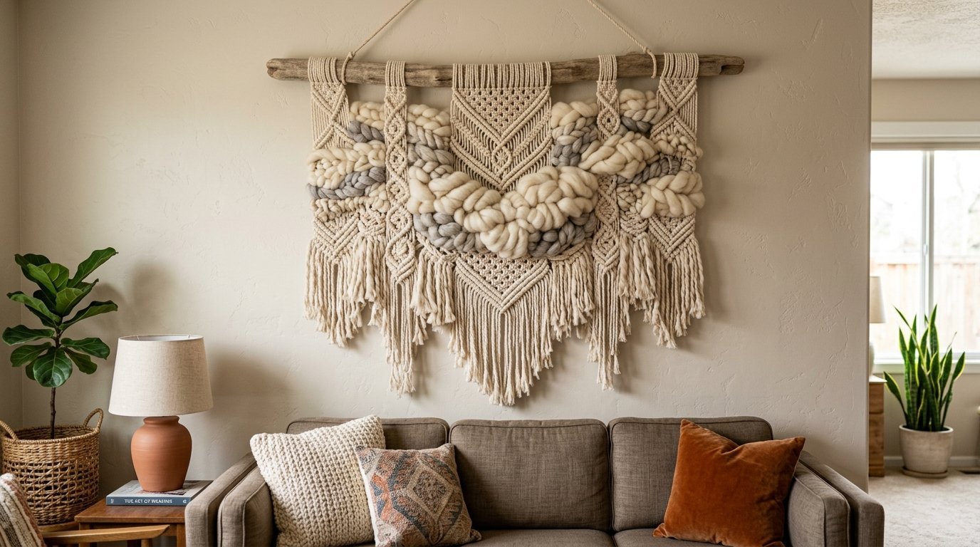 Textured cream and grey macrame tapestry hanging on a beige wall over a couch with decorative throw pillows.