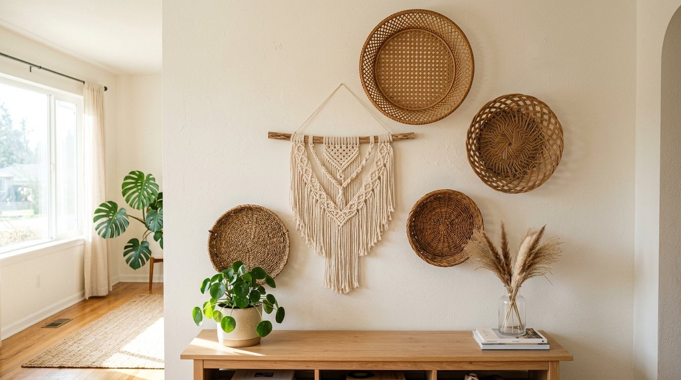 Neutral wall decorated with hanging macrame, round wicker baskets, a potted plant, and dried pampas grass.