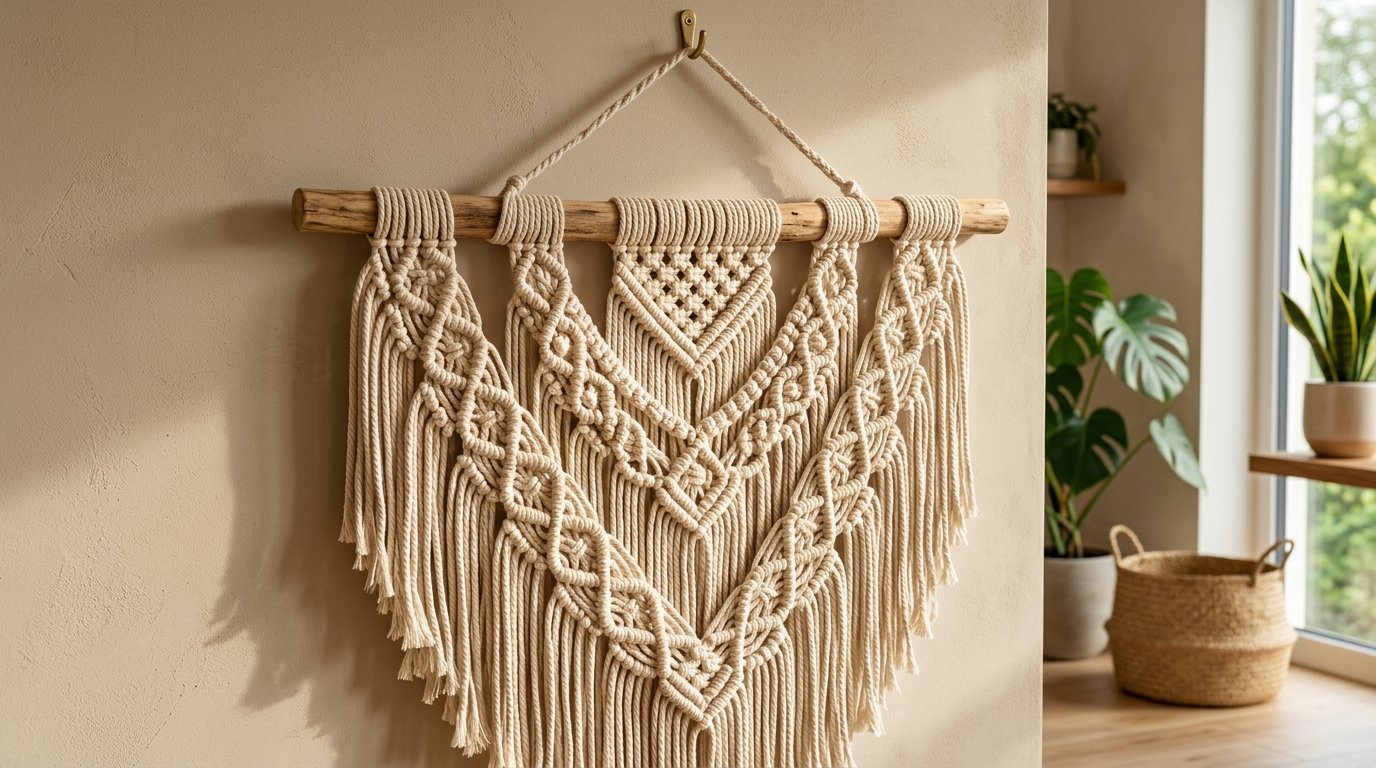 Handmade fiber art wall decor featuring knots and long fringe hanging on a beige wall.