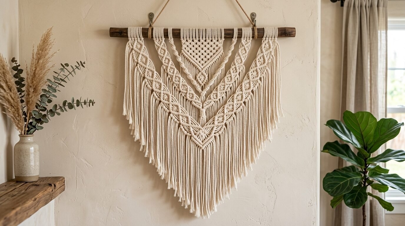 Decorative woven cotton macrame fiber art piece mounted on the wall above a small houseplant.