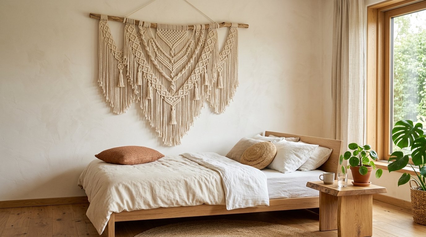 Large fiber art tapestry hanging on a neutral bedroom wall above a wooden platform bed.