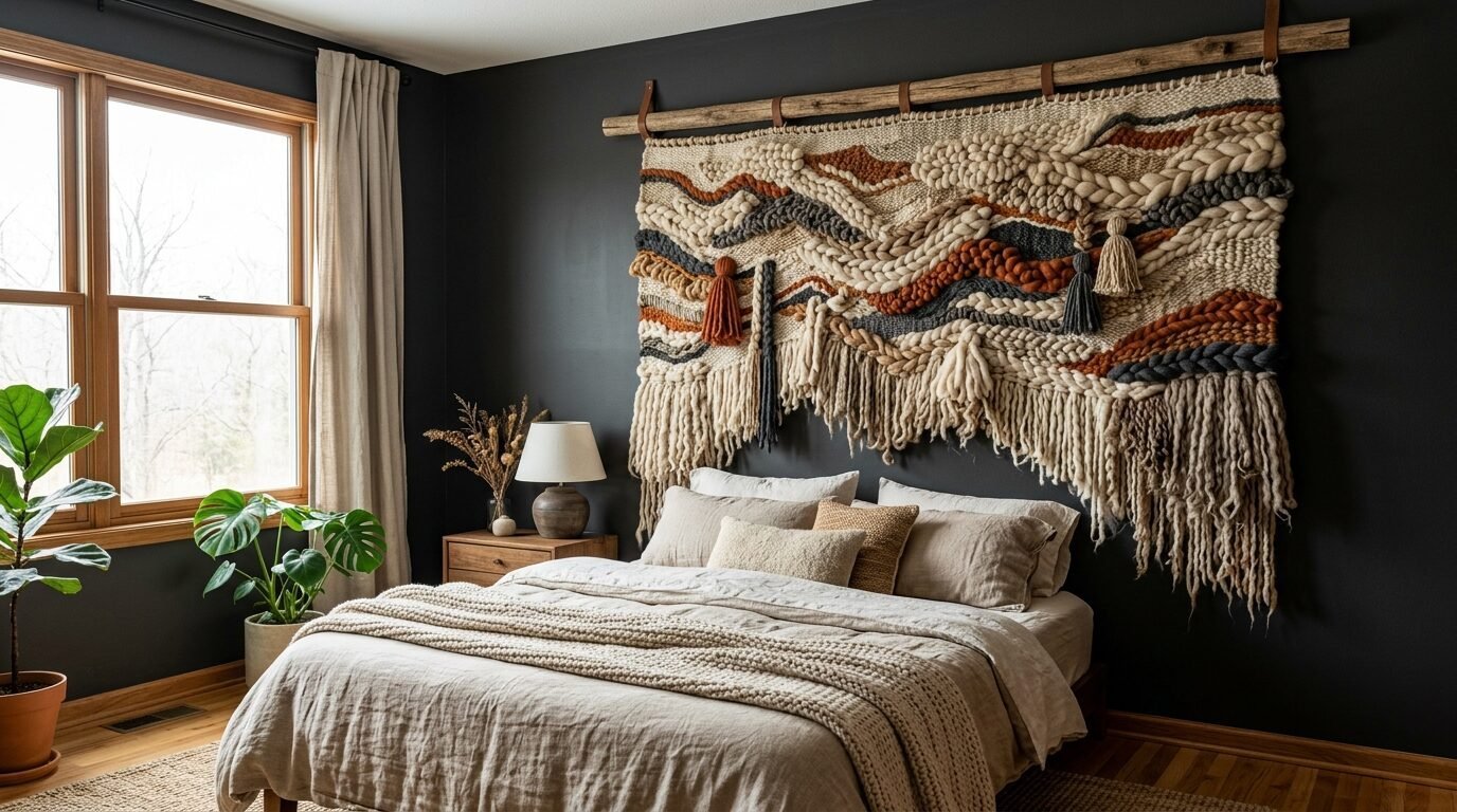 Large woven textile wall hanging with tassels above a bed with beige bedding and black walls.