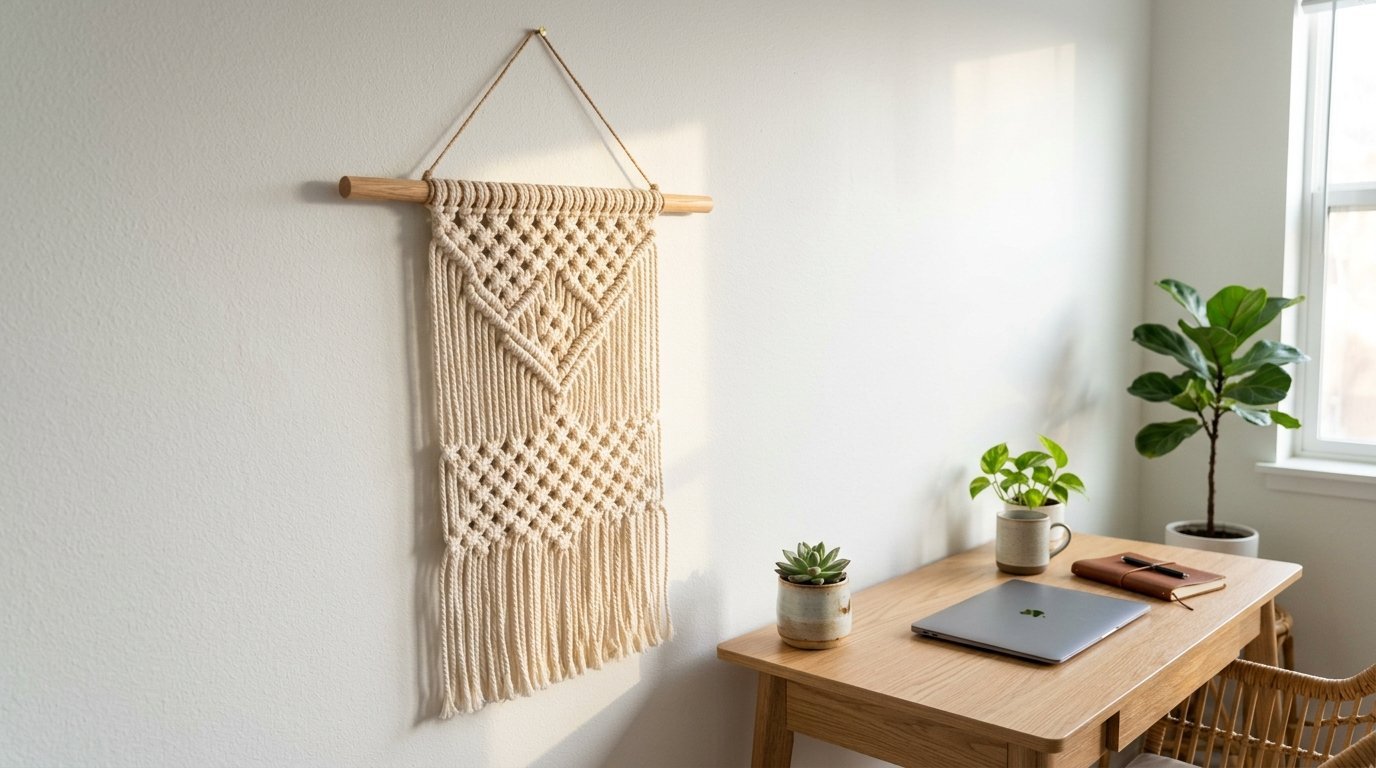 Intricate handmade macrame tapestry with wooden dowel mounted on a white wall above a wooden desk.