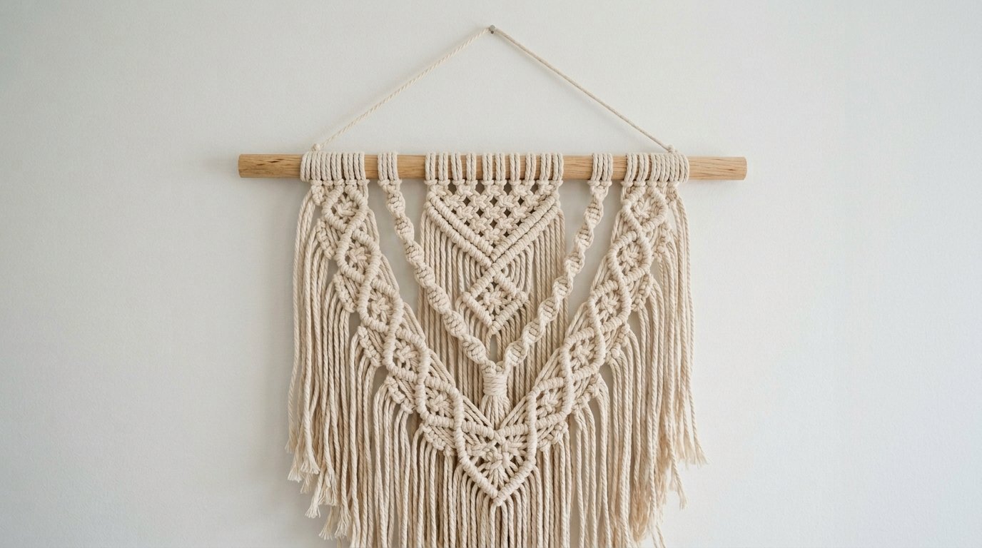 Handmade cream macrame fiber art featuring complex knots and hanging fringe mounted on a horizontal wood rod.