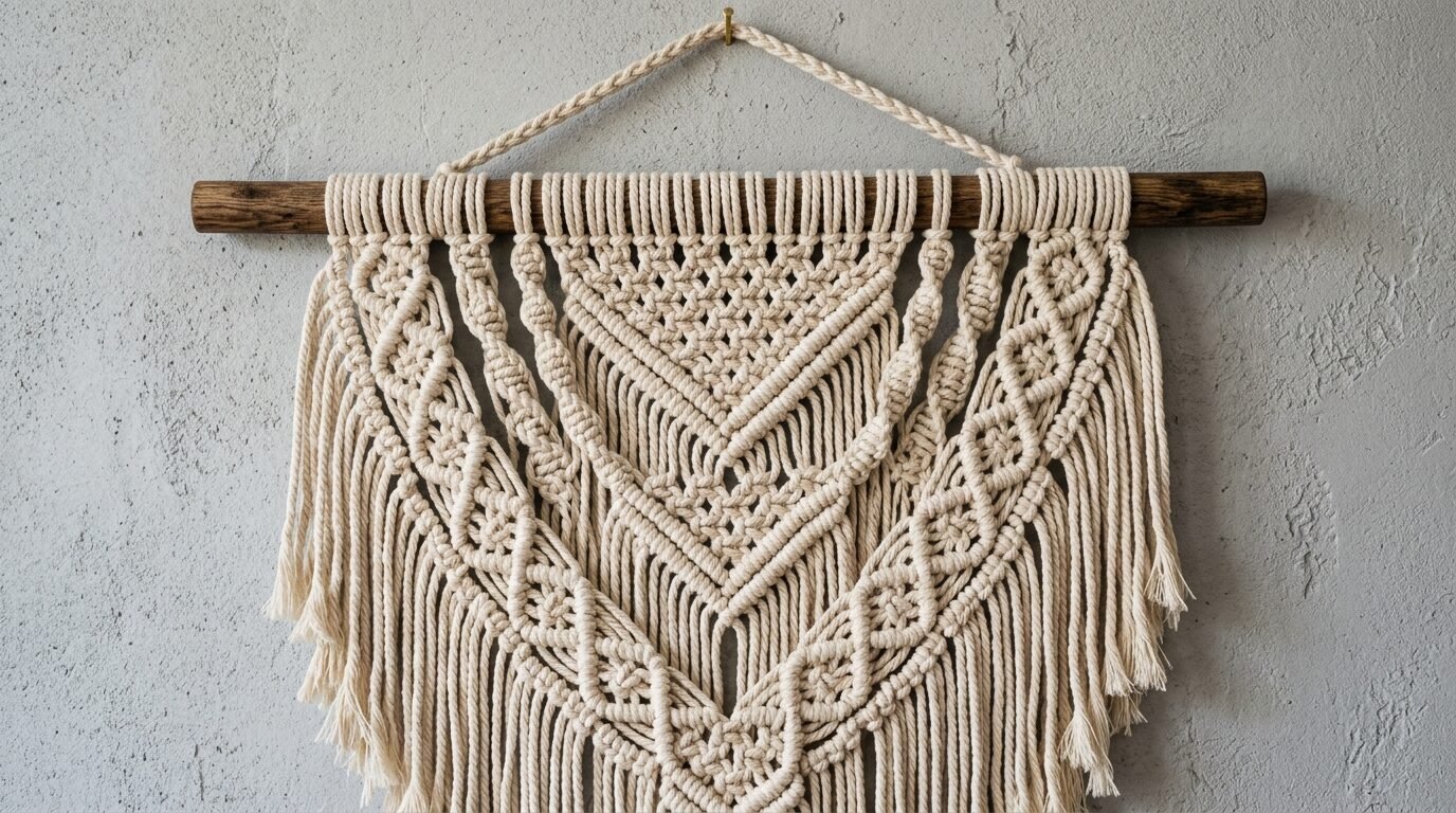Handmade fiber art tapestry featuring geometric knots and long fringe hanging against a grey textured wall.