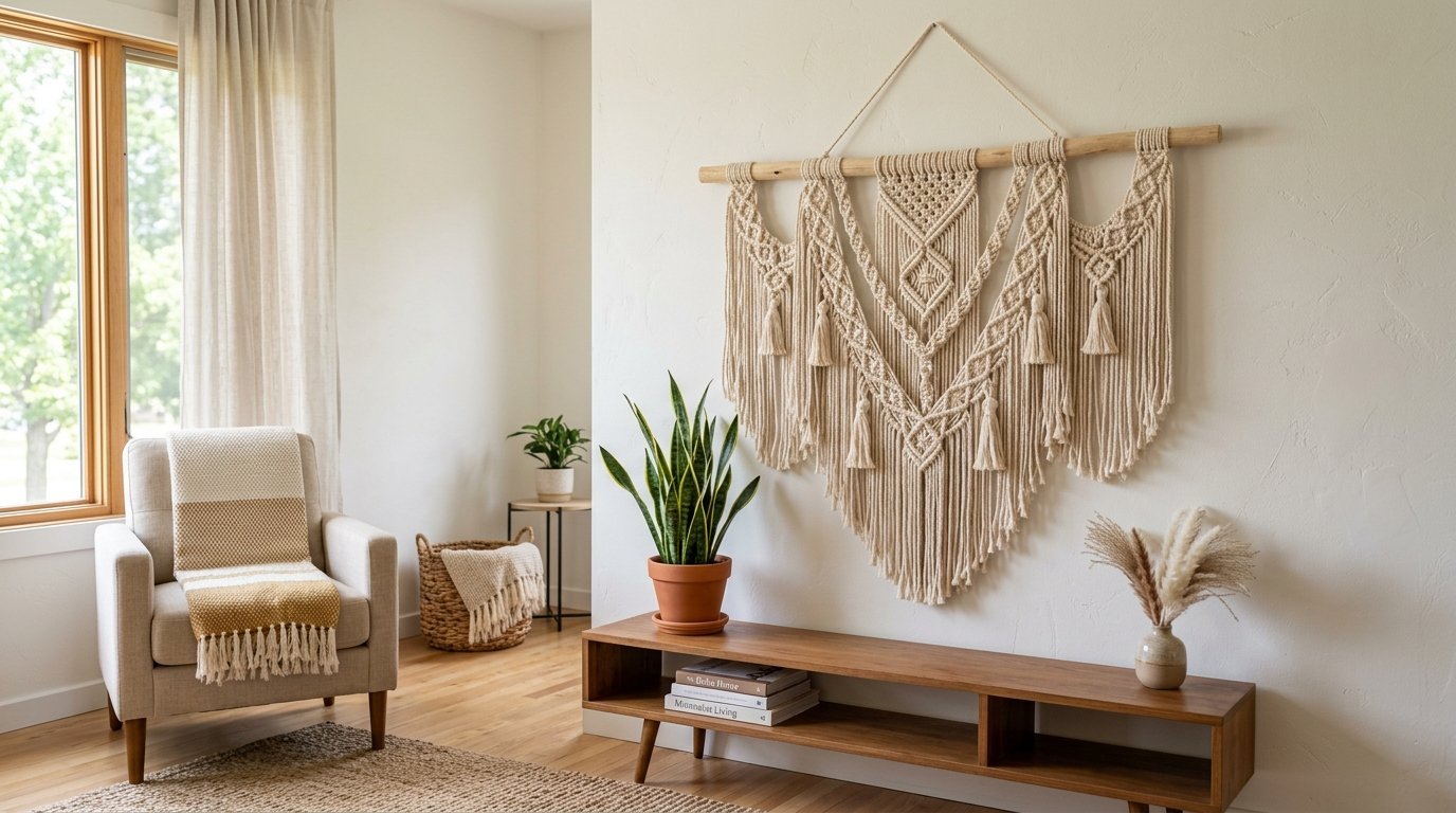 Detailed beige fiber wall hanging suspended on a wooden dowel above a low wooden media console.