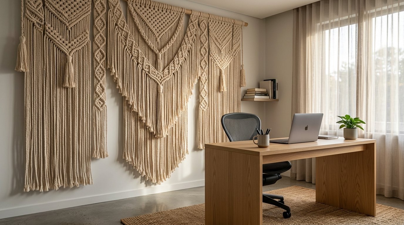 Large woven fiber art hanging behind a wooden desk with a laptop and ergonomic chair in a bright room.