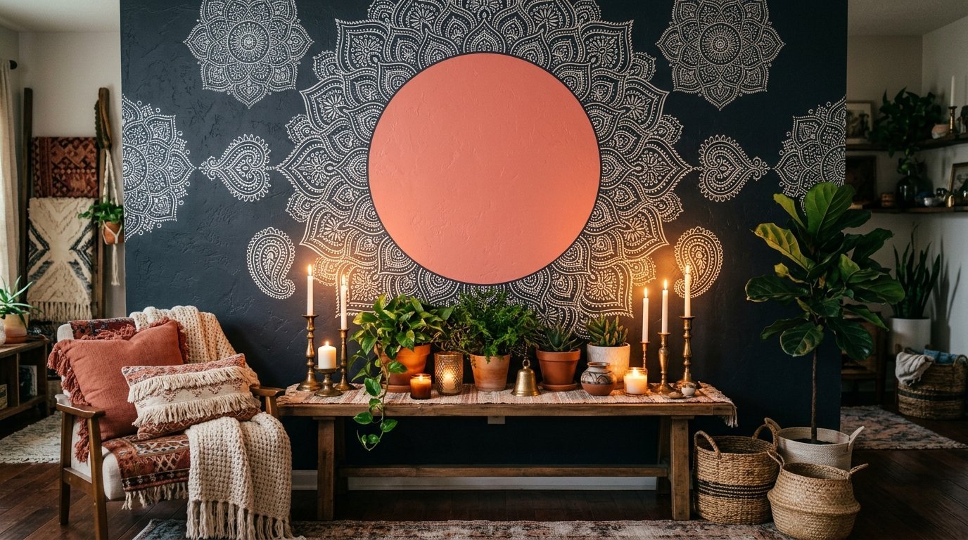 A wooden bench with candles and plants sits before a dark wall with a large orange circle and white mandala pattern.