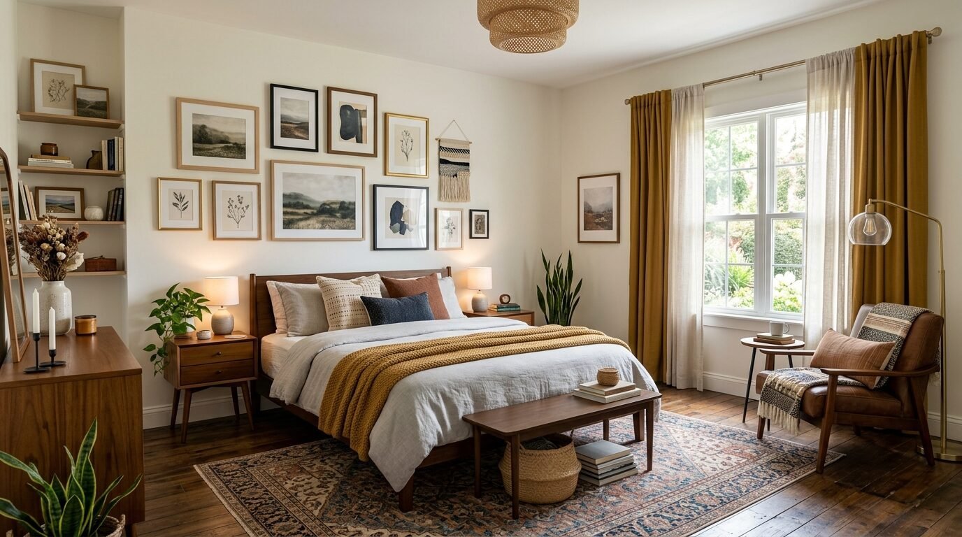 A mid-century modern bedroom featuring a gallery wall, wooden furniture, and a mustard yellow knit throw blanket.