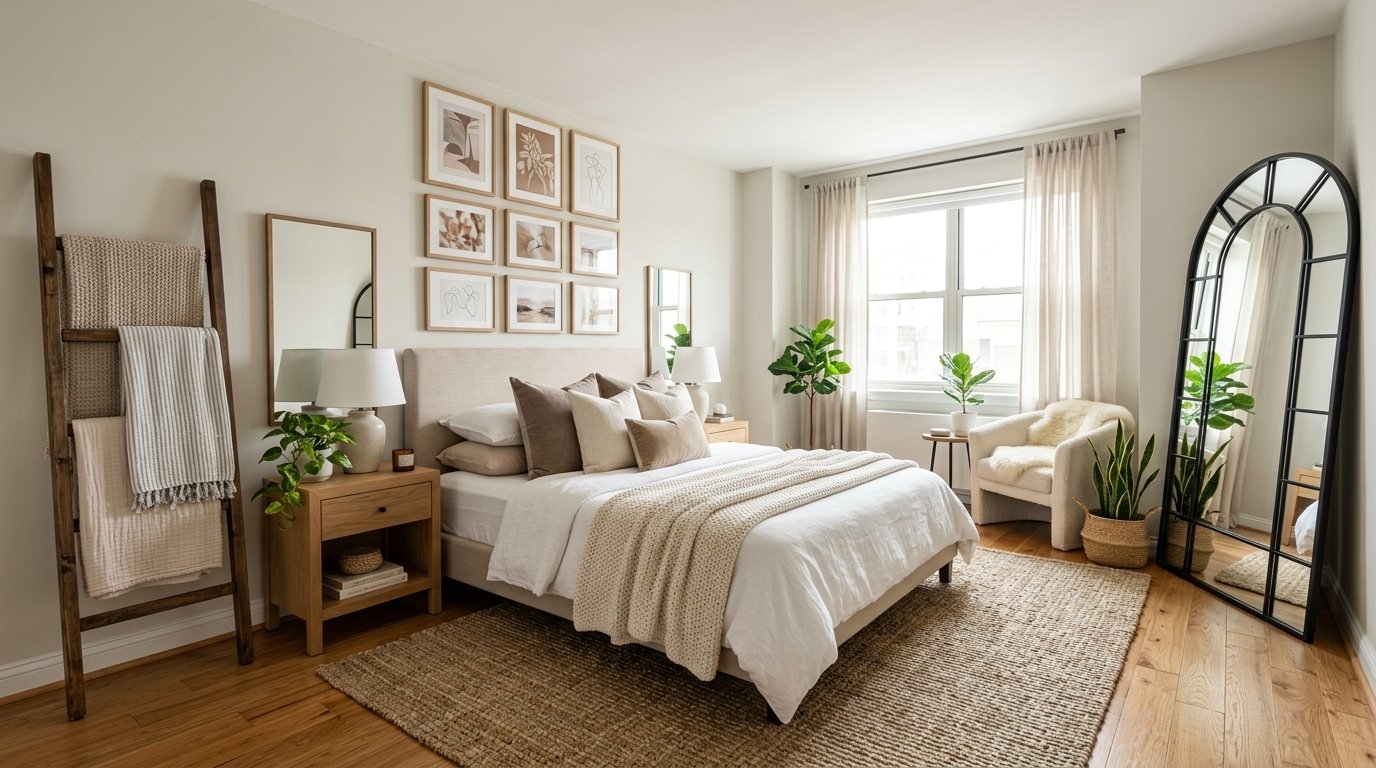 A serene bedroom with a beige upholstered bed, ladder shelf with blankets, and a large black arched floor mirror.